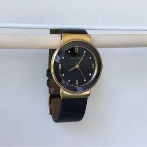 Skagen - Black & Gold Watch w/ Leather Band